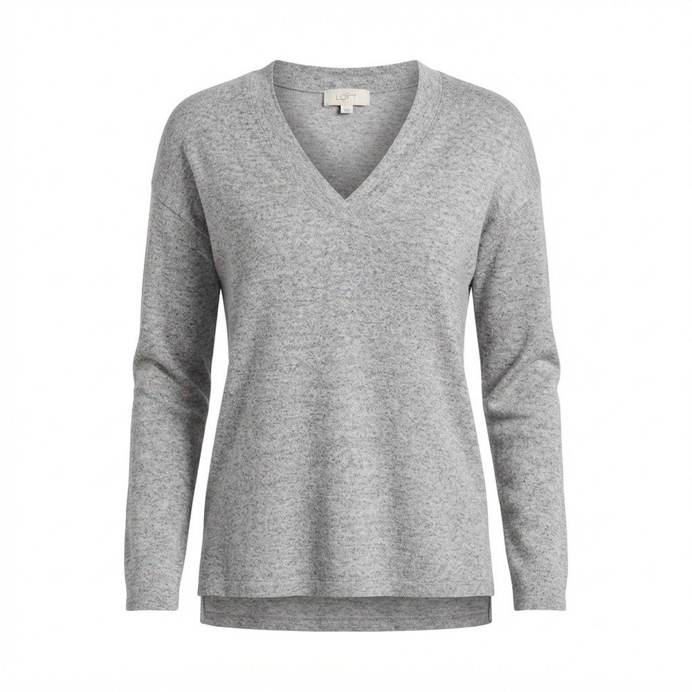 LOFT Outlet Gray Ribbed V-Neck Sweater Size S Heathered Knit Long Sleeve